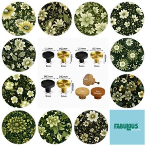 Green and Cream Floral Drawer Knobs, Cabinet Handles, Furniture Drawer Knobs, Round Wooden Drawer Knobs, Brass Knobs