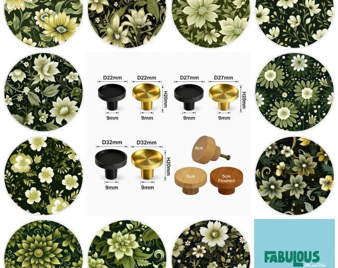 Green and Cream Floral Drawer Knobs, Cabinet Handles, Furniture Drawer Knobs, Round Wooden Drawer Knobs, Brass Knobs