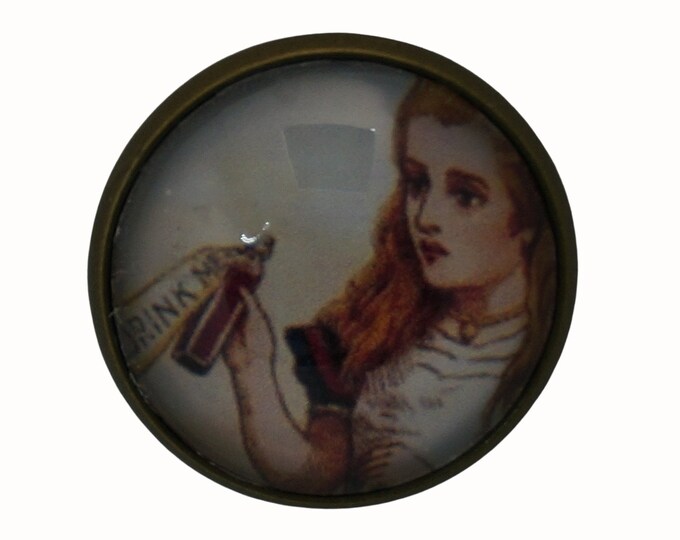 Alice in Wonderland, Round Metal Brooch, Bronze, 2.0cm Brooch, Glass, Scarf Pin, Lapel Pin