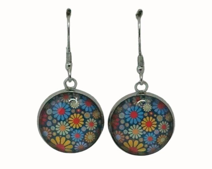 Stainless Steel Glass Tile Hooped Earrings Accessories Floral Flowers Colorful Daisies