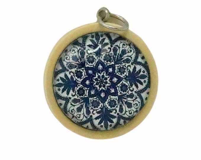Wooden Backed Glass Tile Pendant Necklace Accessories Natural Wooden Pendant Patterned in Blue and White Mandala
