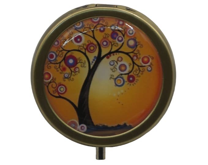 Pill Box, Bronze Pill Box, One Compartment, Medicine Case, Trinket Box, Earring Box, Mint Box, Funky Tree, Orange