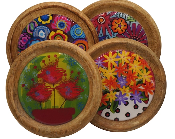 Funky Flowers, Bright Flowers, Set of Four Mango Wooden Coasters, Wine Coasters, Drink Coasters, Coffee Coasters