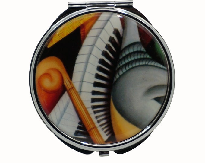 Music, Funky Music, Piano,  Large Pill Box, Mirror, Medicine Case, Pill Case, Silver Pill Box, Three Sectioned Pill Box