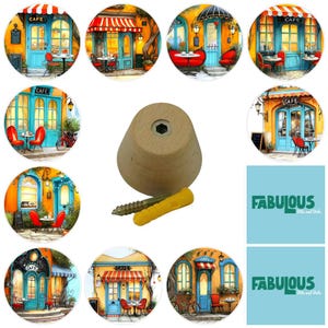 May include: A wooden furniture knob with a screw and a yellow wall anchor. Surrounding the knob are several circular images of colorful cafe scenes with tables, chairs, and awnings. The word "CAFE" is visible on some of the awnings.