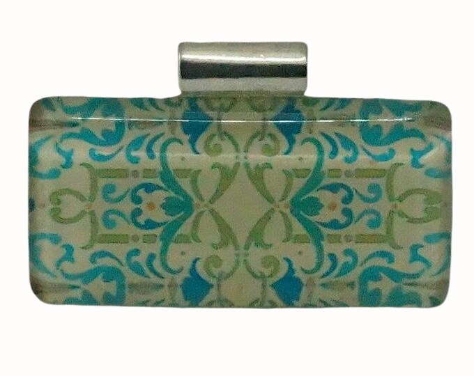 Horizontal Rectangle Glass Tile Pendant Tube Bail Patterned Green Cream