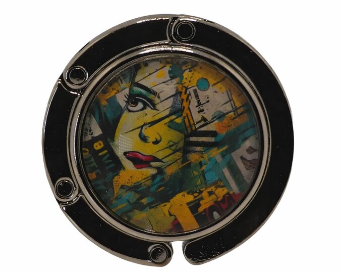 Grunge Pop Art, Face, Purse Hook, Bag Holder, Table Top Bag Hanger