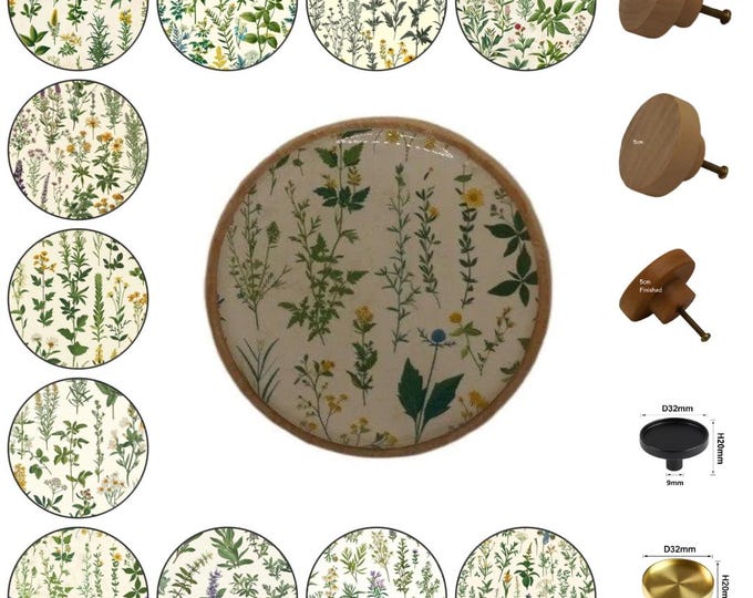 Cottage Herbs Round Wooden Cabinet Pulls, Drawer Knobs, Home Decor