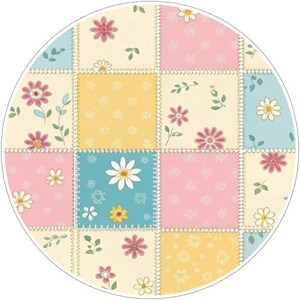 K&ouml;nnte beinhalten: Ein rundes Patchwork-Design mit quadratischen Feldern in Pastellfarben: Rosa, Gelb und Blau. Jedes Feld ist mit floralen Mustern, darunter G&auml;nsebl&uuml;mchen und andere Blumen, verziert und durch einen wei&szlig;en, gepunkteten Rand verbunden. Das Thema ist ein fr&ouml;hliches, florales Design.