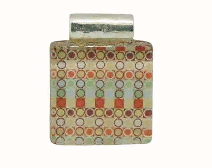 Flat Square Glass Tile Pendant with Tube Bail Patterned Retro Circles and Squares in Orange and Green