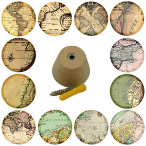 May include: A collection of round decorative cabinet knobs featuring antique map designs. The knobs are in various colors and feature a wooden knob with a screw and a yellow wall anchor.