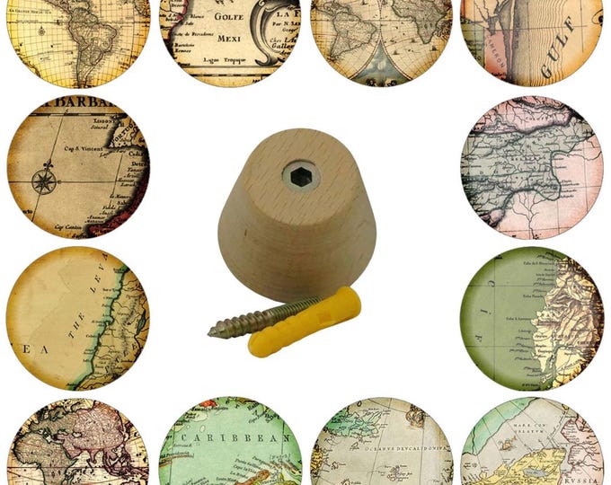 Vintage Maps Wooden Wall Hooks, Hand Decorated, 5cm