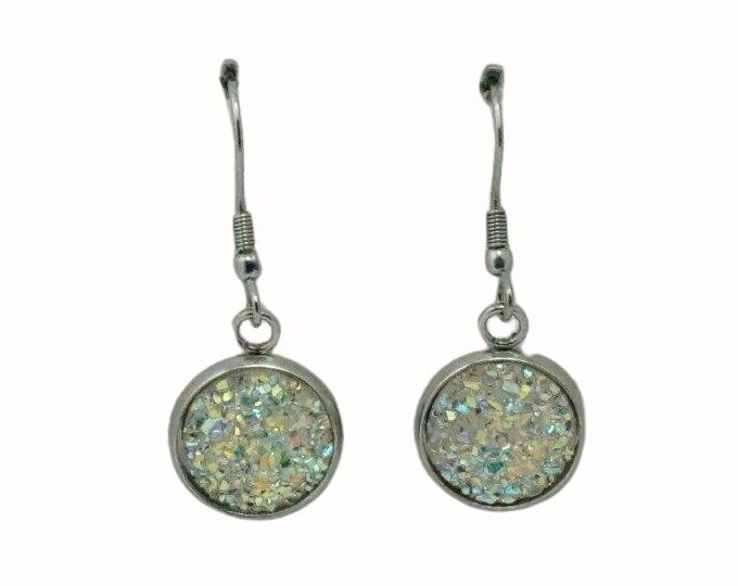 12mm Round Stainless Steel Drop Earrings Accessories Druzy Cabochon White