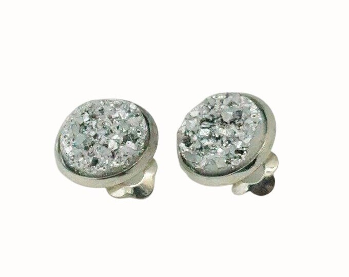 12mm Silver Plated Round Clip On Earrings Druzy Cabochon Silver