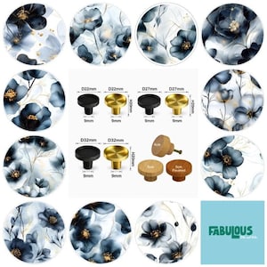 Blue Floral Wooden Drawer Knobs, Resin Finish, Brass Cabinet Pulls, Glass Finish, 2cm, 2.5cm, 3cm, 4cm, 5cm