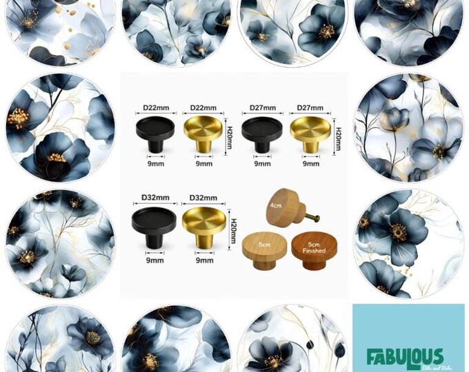 Blue Floral Wooden Drawer Knobs, Resin Finish, Brass Cabinet Pulls, Glass Finish, 2cm, 2.5cm, 3cm, 4cm, 5cm