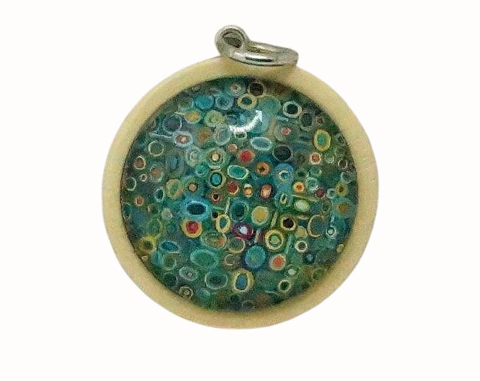 Wooden Backed Glass Tile Pendant Necklace Accessories Natural Wooden Pendant Patterned Circles in Green