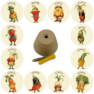 May include: A collection of whimsical vegetable character illustrations on circular backgrounds, each labeled with the vegetable's name. A wooden peg and hardware are also included.