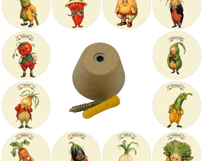 Vintage Vegetables, Kitchen Wooden Wall Hooks, Hand Decorated, 5cm
