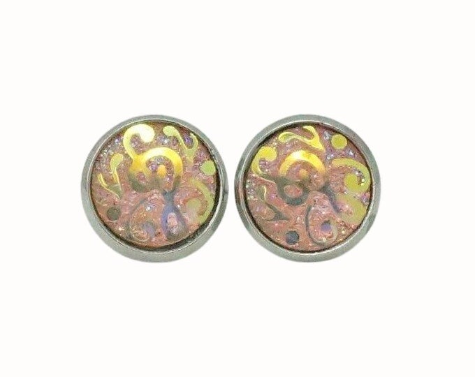 12mm Round Stainless Steel Glass Stud Earrings Druzy Cabochon Music Notes Pink Purple