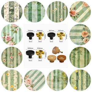 Op de afbeelding: Een collectie ronde kastknoppen in zwarte, gouden en natuurlijke houten afwerkingen. De knoppen worden getoond met technische diagrammen met diameters van 22mm, 27mm en 32mm, een hoogte van 20mm en een basisbreedte van 9mm, naast houten knoppen.