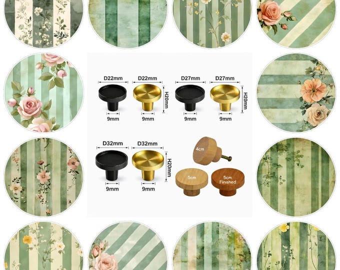 Sage Green Floral Stripes Wooden Drawer Knobs, Cabinet Handles, Round Furniture Pulls, Brass Knobs