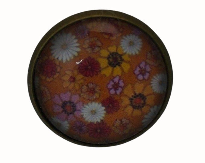 Daisies, Floral, Retro, Orange, Round Metal Brooch, Bronze, 2.0cm Brooch, Glass, Scarf Pin, Lapel Pin