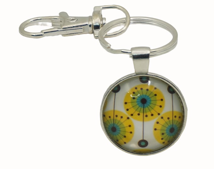 Floral, Retro, White, Yellow, Bag Charm, Keyring, Keyring Charm