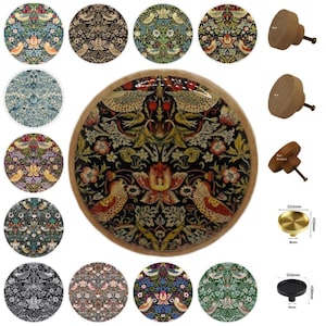 William Morris Strawberry Thief Cabinet Knob, Wooden Drawer Handle