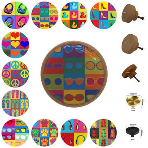 Funky Pattern Wood Drawer Knob - Colorful Pop Art Cabinet Pull, Dresser Knob