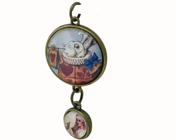 Doubled Sided Round Glass Pendant Two Pendants in One Bronze Pendant Alice in Wonderland Alice Rabbit
