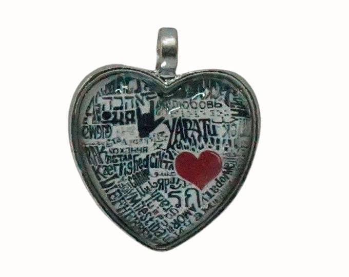 Round Silver Plated Pendant Red Heart Love in 44 different languages