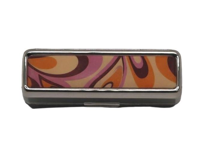 Retro Swirl Lipstick Holder with Mirror, Orange Pink Patterned Container