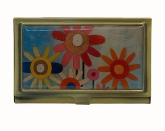Daisies, Floral, Card Holder, Metal Business Card Case, Cigarette Case, Credit Card Protector, Business Card Holder