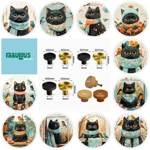 Winter Cat Drawer Knobs, Round Wooden Cabinet Handles, Brass Furniture Pulls