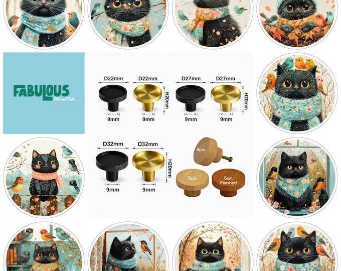 Winter Cat Drawer Knobs, Round Wooden Cabinet Handles, Brass Furniture Pulls