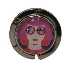 Funky Face with Glasses, Love Always, Purple, Purse Hook, Bag Holder, Table Top Bag Hanger
