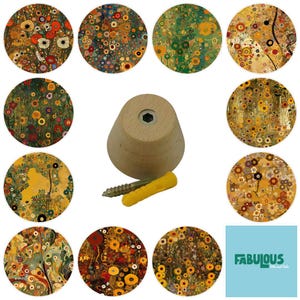 May include: A light-colored wooden knob with a hexagonal center hole, accompanied by a metal screw and a yellow plastic wall anchor, surrounded by eleven circular swatches featuring various floral and abstract patterns in warm earth tones.