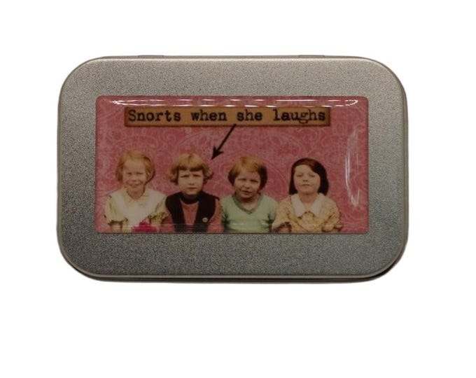 Vintage Humor Hinged Tin, Pill Box, Mints, Tobacco Case, Card Wallet