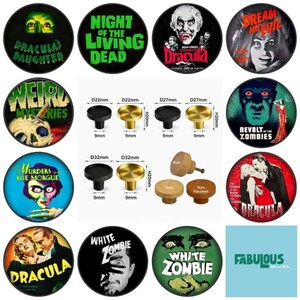 Puede incluir: Una colección de pomos circulares para armarios con carteles de películas de terror vintage y títulos como Dracula's Daughter, Night of the Living Dead y White Zombie. La imagen incluye diagramas técnicos con medidas en mm para varios tamaños.