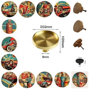 May include: A collection of decorative cabinet knobs and drawer pulls. The image includes a brass knob with a 32mm diameter and 20mm height, and several wooden knobs. The image also features round cabinet knobs with vintage car and gas station designs.