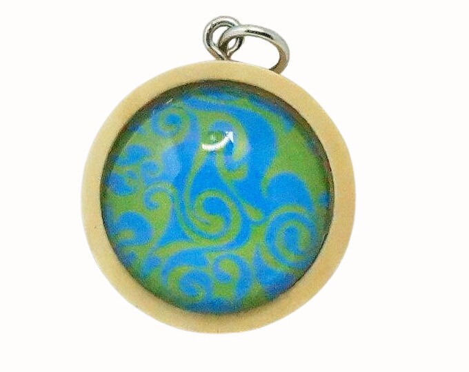 Wooden Backed Glass Tile Pendant Necklace Accessories Natural Wooden Pendant Patterned Blue and Green