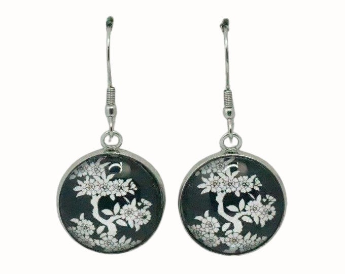Stainless Steel Glass Tile Hooped Earrings Accessories Black and White Tree