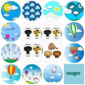 Hot Air Balloon Wooden Drawer Knobs, Cartoon Skies, Nursery Decor, Brass Drawer Pulls