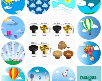 Hot Air Balloon Wooden Drawer Knobs, Cartoon Skies, Nursery Decor, Brass Drawer Pulls