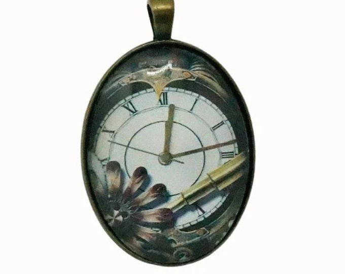 Steampunk, Flower, Clock, Oval Bronze Plated Pendant, Necklace Pendant