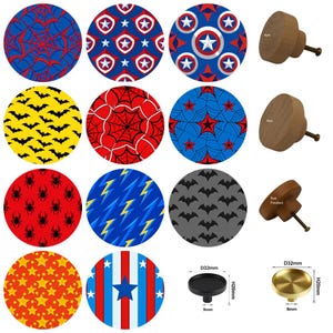 May include: A selection of decorative cabinet knobs featuring superhero-themed patterns, such as spiderwebs, stars, and lightning bolts. Also shown are wooden knobs, a black knob, and a brass knob. The wooden knobs are 4cm, 5cm, and 5cm finished.