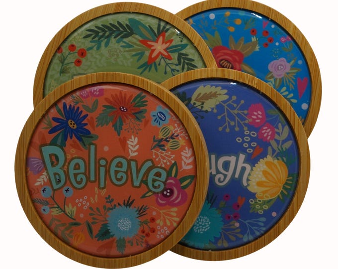 Words, Dream, Breathe, Believe, Laugh, Inspirational, Coasters,  Set of Four Round Wooden Coasters, Wine, Drink Coasters, Coffee Coaster