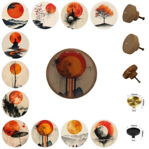 Puxadores de gaveta Zen Art: Lua laranja japonesa, puxadores redondos de madeira para armários