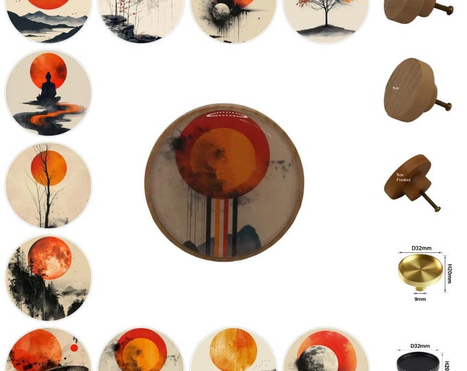 Zen Art Drawer Knobs: Japanese Orange Moon, Round Wooden Cabinet Pulls